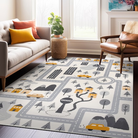 World Rug Gallery Kids Play Road Rug Interactive Cityscape for Cars and Toys Indoor Soft Area Rug 8' x 10' Cream 3014CREAM8X10